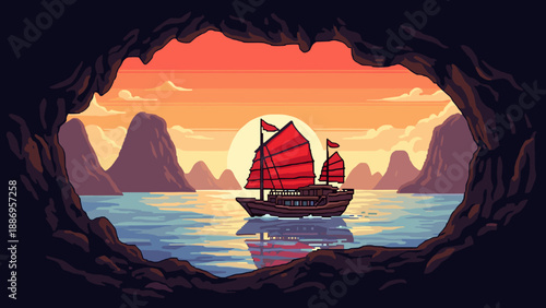 Pixel art junk boat sails on calm water at sunset viewed from a dark cave opening