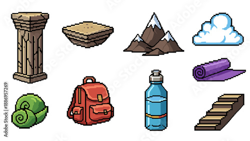 Retro pixel art icons of hiking and camping gear