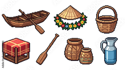Pixel art traditional asian items: boat, basket, and hat collection