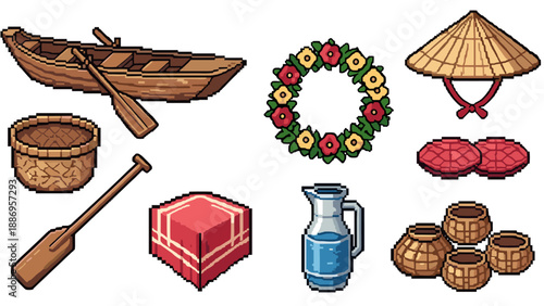 Pixel art collection of traditional objects and nature elements