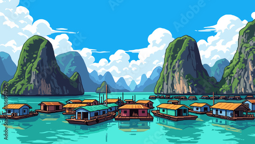 Pixel art floating village with mountains and vibrant sky