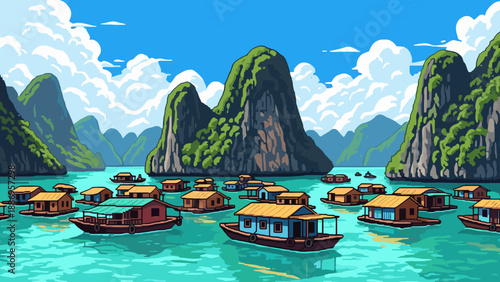 Floating village nestled among limestone karsts in a tropical bay under a cloudy sky