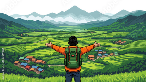 Backpacker with arms outstretched embracing a vast green valley and distant mountains