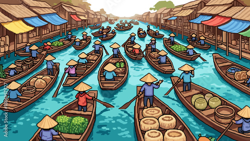 Busy floating market scene with boats full of produce and goods along the canal
