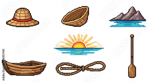Pixel art nautical elements: hat, boat, sunrise, mountain, paddle