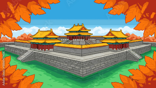 Pixel art illustration of a traditional Chinese palace complex with autumn foliage