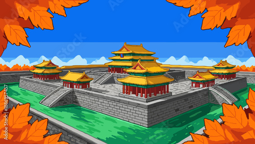 Pixel art illustration of the Forbidden City in Beijing during autumn with vibrant foliage
