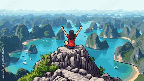 Woman celebrating on a mountain peak overlooking a scenic bay with limestone karsts and boats