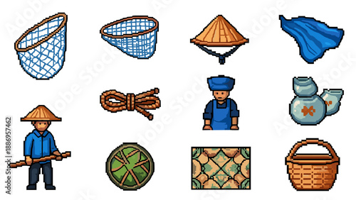Pixel art collection of fishing and farming tools with traditional Asian farmer