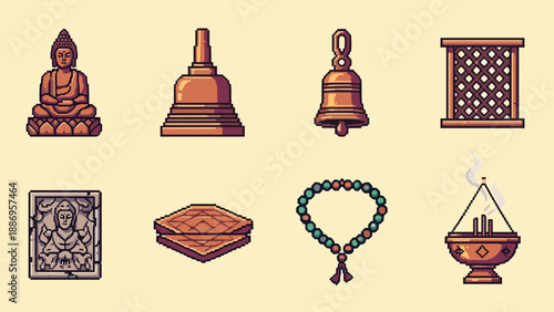 Pixel art collection of Buddhist religious symbols and artifacts