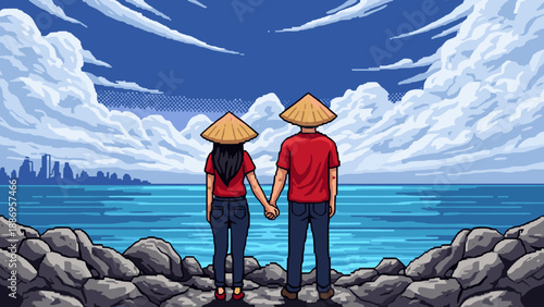 Pixel art couple on rocky coastline with scenic ocean view