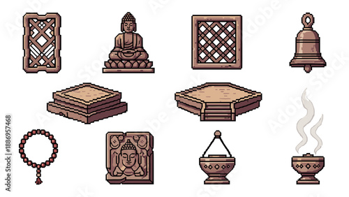 Pixel art collection of Buddhist temple elements and meditation items