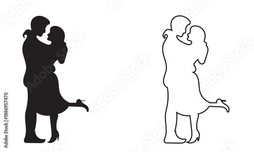 Marriage proposal couple silhouette icon . Black and outline silhouettes of a man kneeling proposing to a woman, romantic engagement concept isolated on white background. 

