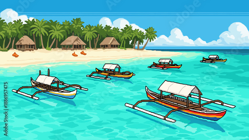 Tropical island paradise with traditional outrigger boats floating on clear turquoise water