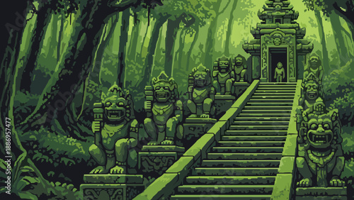 Pixel art jungle temple with ancient stone statues in lush forest