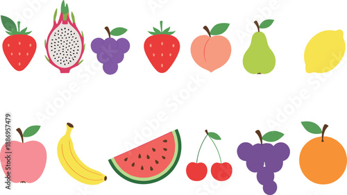 Vector illustration set of 13 vibrant fruit icons featuring strawberries dragon fruit grapes watermelon banana and citrus varieties