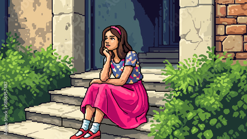 Pixel art illustration of a young girl sitting on steps, lost in thought