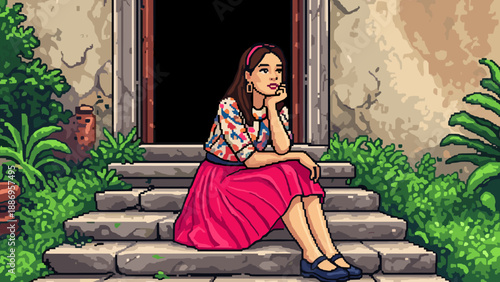 Pixel art woman sitting on stone steps in vivid colors