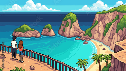 Pixel art seaside view with couple overlooking scenic cliffside beach