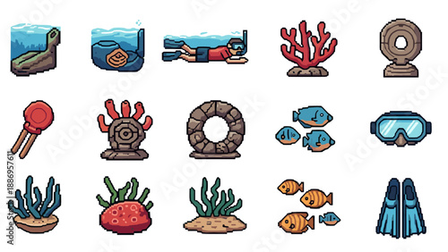 Pixel art underwater adventure icons featuring marine life and diving gear