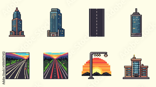 Retro pixel art cityscape with high-rise buildings and sunset skies