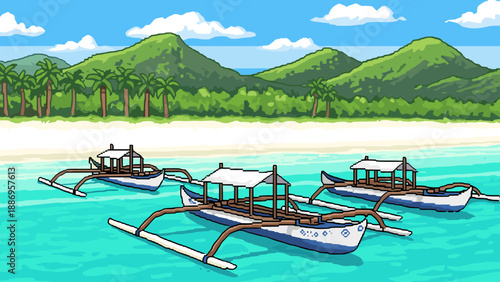 Pixel art tropical boats on scenic beach with mountain backdrop