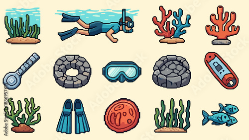 Retro pixel art snorkeling adventure with marine icons