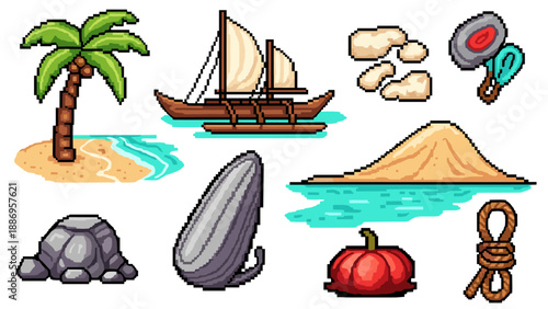 Pixel art island elements including a palm tree, outrigger canoe, and volcano