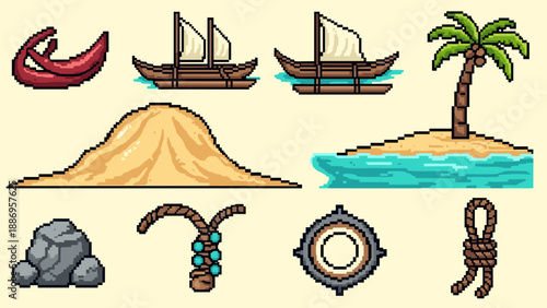 Beach adventure icons in pixel art style with sailing boats and tropical elements