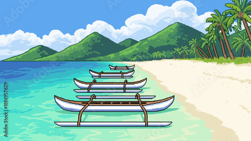 Pixel art canoes lined up on a tropical beach with lush green mountains in the background