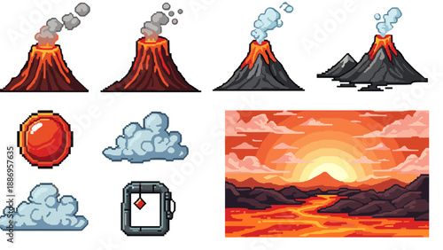 Pixel art volcano eruption animation with lava flow and clouds at sunset
