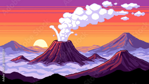 Pixel art volcano with sunset and smoke in retro style