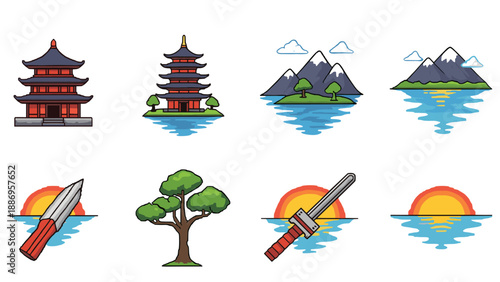 Pixel art japan icons: pagoda, mountains, sword, tree, and sunset