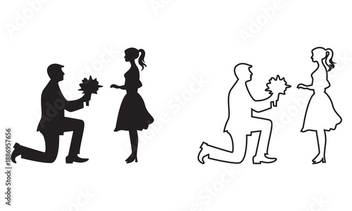 Marriage proposal couple silhouette icon . Black and outline silhouettes of a man kneeling proposing to a woman, romantic engagement concept isolated on white background. 

