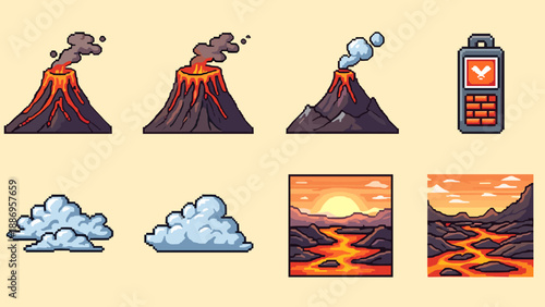 Pixel art collection of volcanoes, clouds, and lava landscapes for game assets