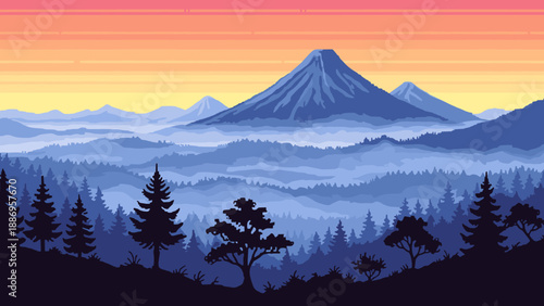 Pixel art mountain landscape with misty valleys and a vibrant sunset sky