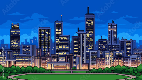 Pixel art cityscape at dusk with illuminated skyscrapers and a park in the foreground