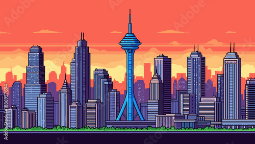 Pixel art cityscape with a tall tower and skyscrapers at sunset