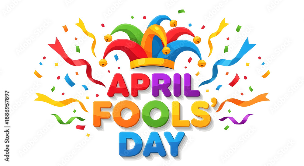 Fototapeta premium April Fool’s Day April Fools Day Title with Jester Hat and Confetti