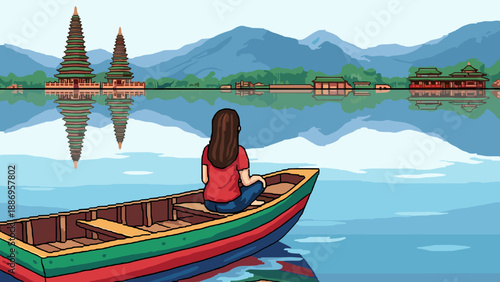 Woman in a rowboat gazes at pagodas reflected in a serene lake with mountains beyond