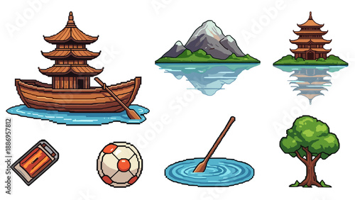 Pixel art collection of Asian inspired elements and objects for game design