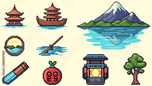 Pixel art collection of Japanese cultural and natural elements