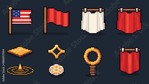 Pixel art collection of flags, banners, and game assets on a dark background