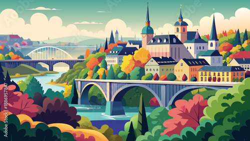 Very beautiful panoramic view combining Adolphe Bridge, Petrusse Park, and National Savings Bank, highlighting Luxembourg’s blend of historic infrastructure, financial strength, and green urban spaces