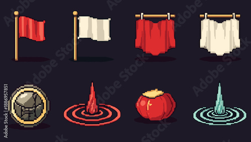 Collection of pixel art game assets including flags, banners, and elemental effects