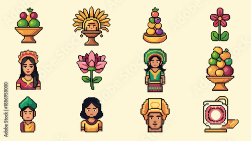 Pixel art icons of traditional cultural elements and people from various ethnic groups