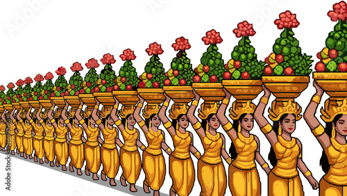 Traditional Cambodian dancers in procession carrying offerings of fruit and flowers in a cultural celebration