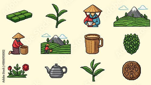 Collection of pixel art icons representing tea cultivation, harvesting, and enjoyment