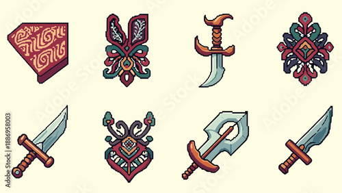 Collection of pixel art weapons and ornate decorative elements in a retro style