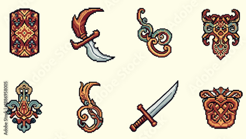 Collection of pixel art icons featuring ornate medieval weapons and decorative elements